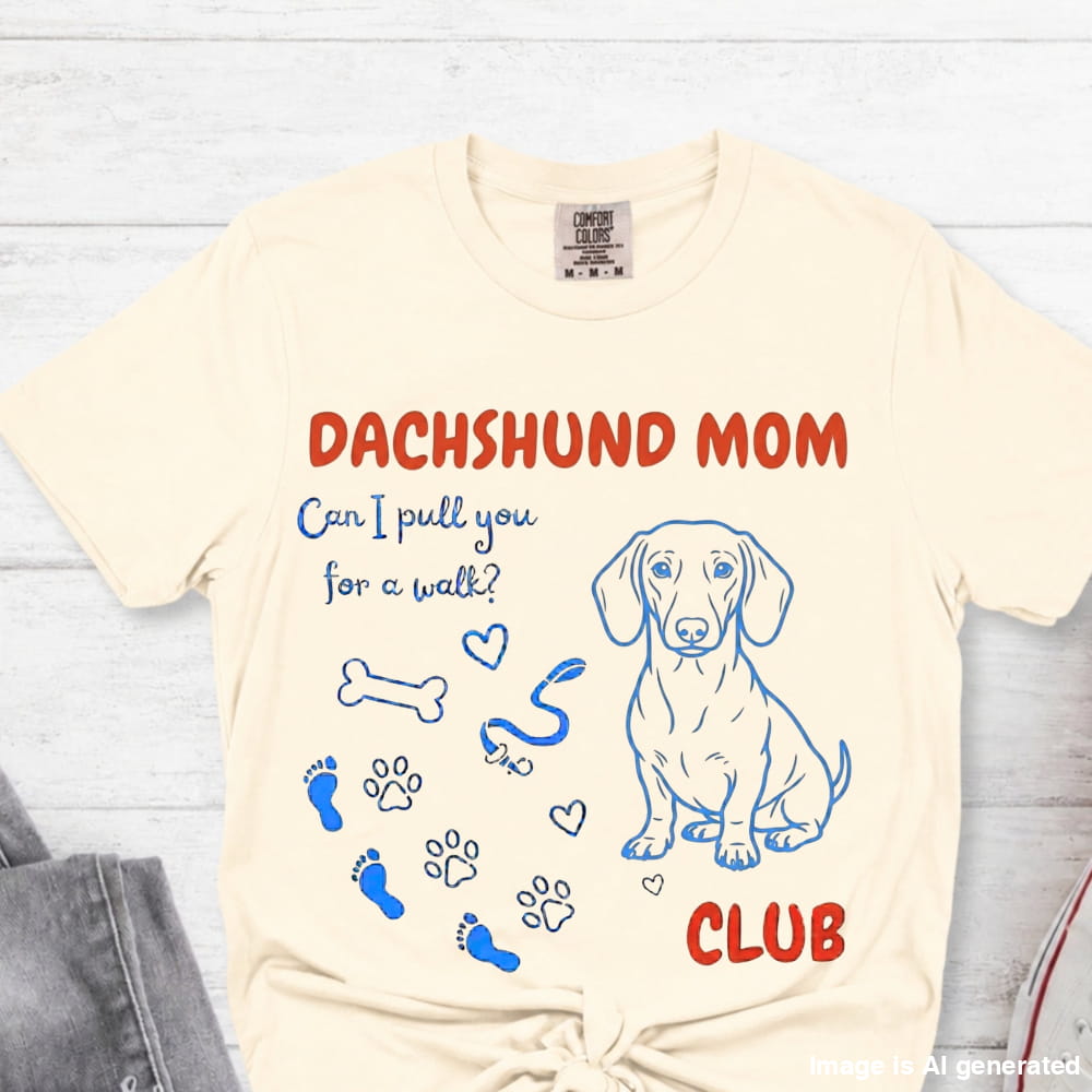 Beige t-shirt with Frenchie Mom graphic design on a light wooden surface