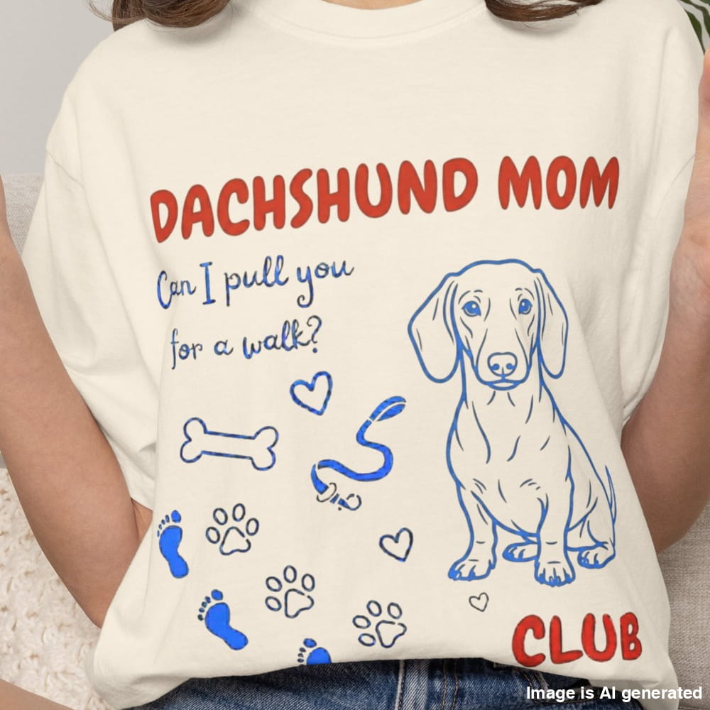 T-shirt with dachshund design and text on a plain background