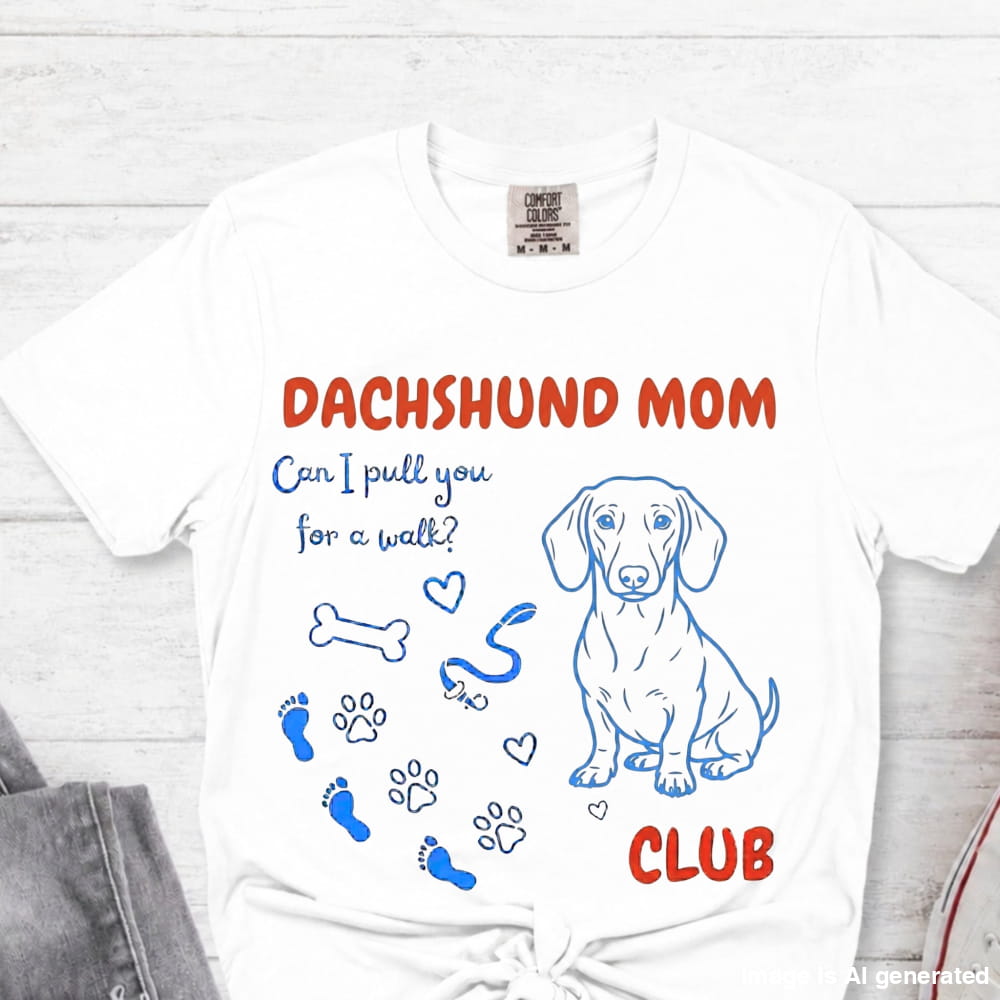 White t-shirt with 'FRENCHIE MOM' text and dog illustrations on a light wooden surface.