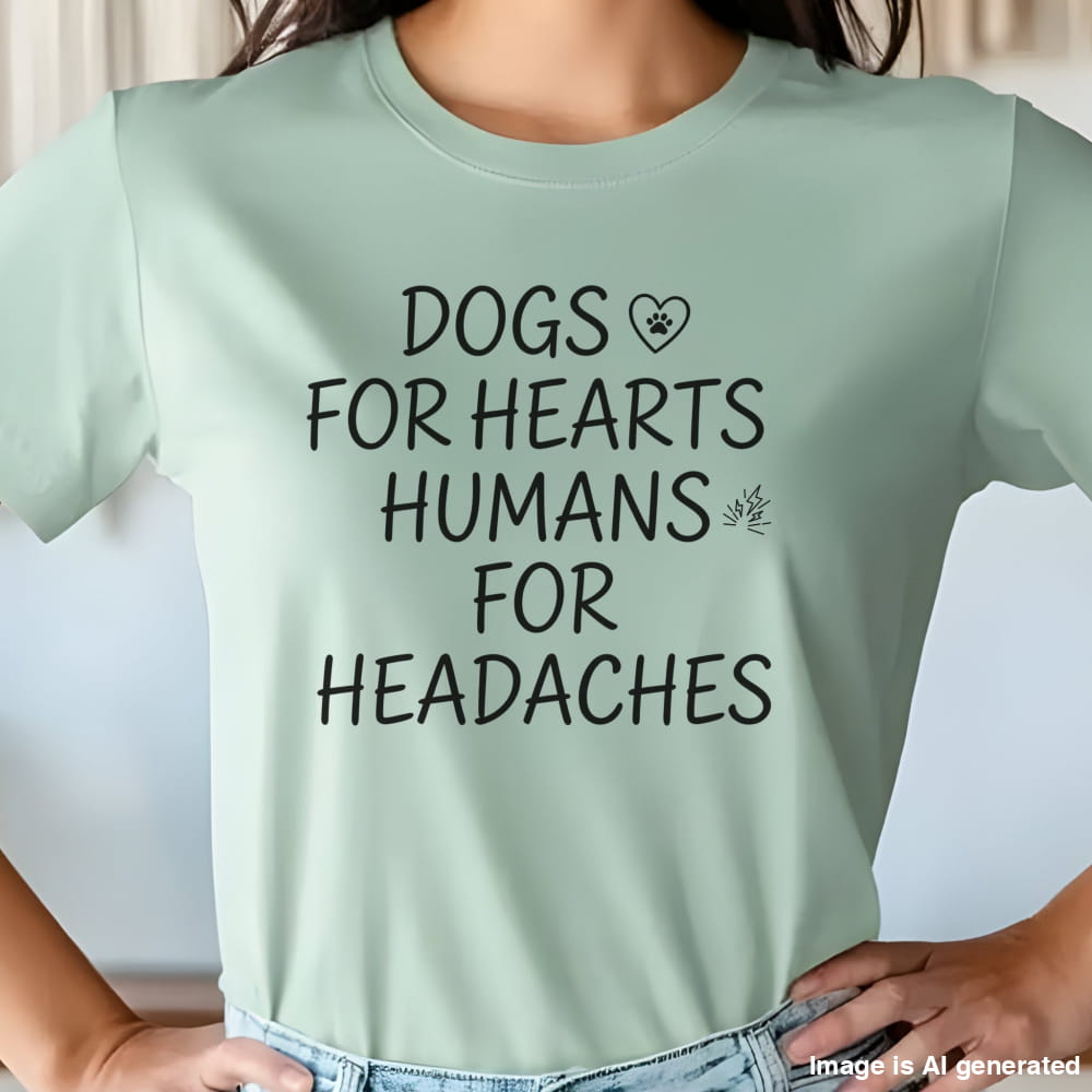 Light green t-shirt with text 'DOGS FOR HEARTS HUMANS FOR HEADACHES' worn by a person.