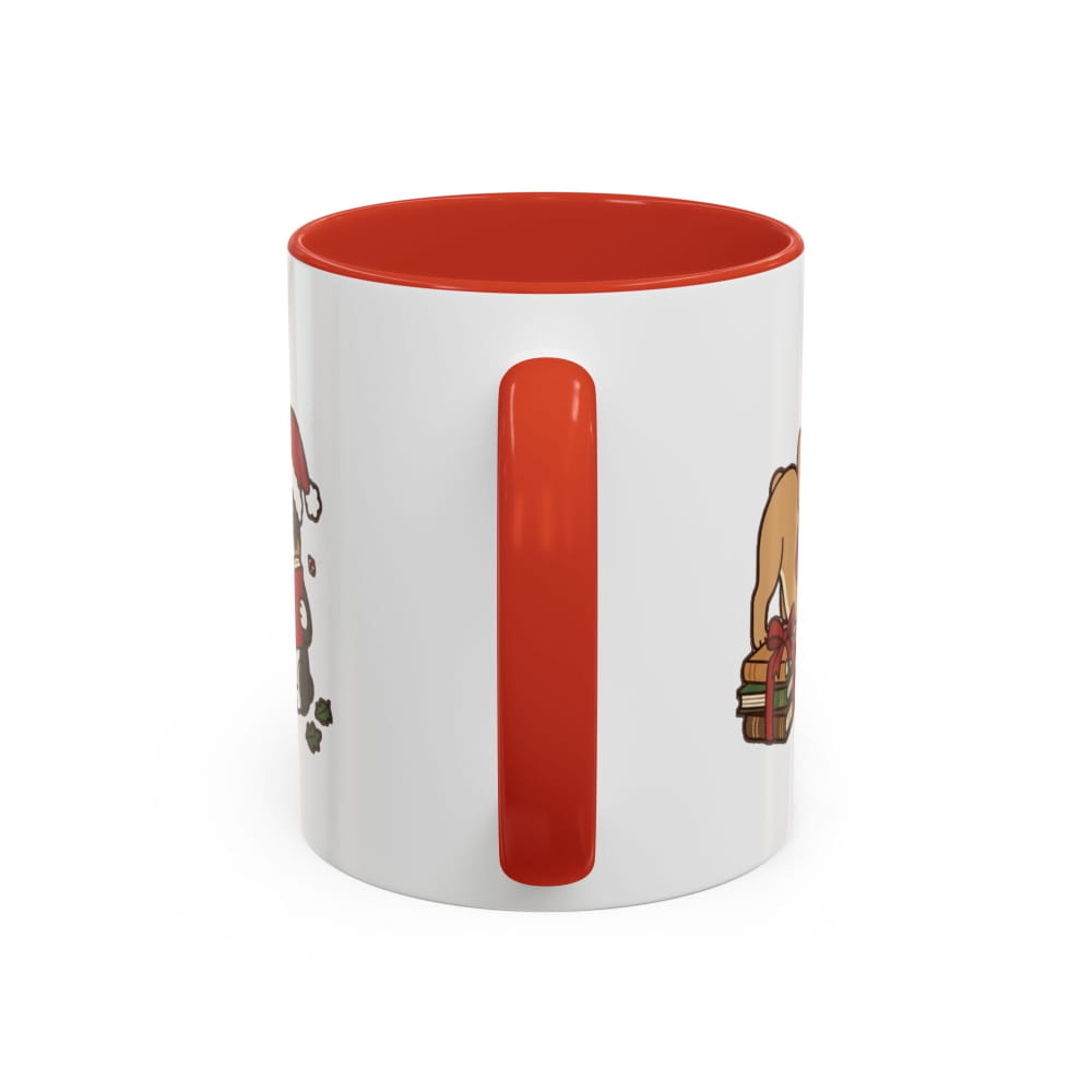 White ceramic mug with a red interior and red handle, back view with partial French Bulldog illustrations on either side of the handle.