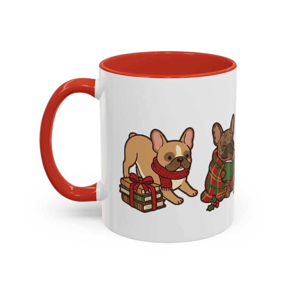 White ceramic mug with a red interior and red handle, showing a fawn French Bulldog in a red scarf beside wrapped gifts and a darker French Bulldog in a plaid blanket.