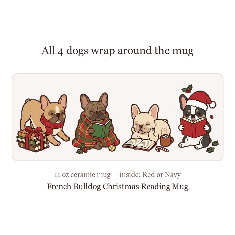 A product graphic for a ceramic mug featuring four illustrated French Bulldogs reading books, wrapped in holiday-themed scarves and hats, with text reading 'All 4 dogs wrap around the mug' and 'French Bulldog Christmas Reading Mug.'.