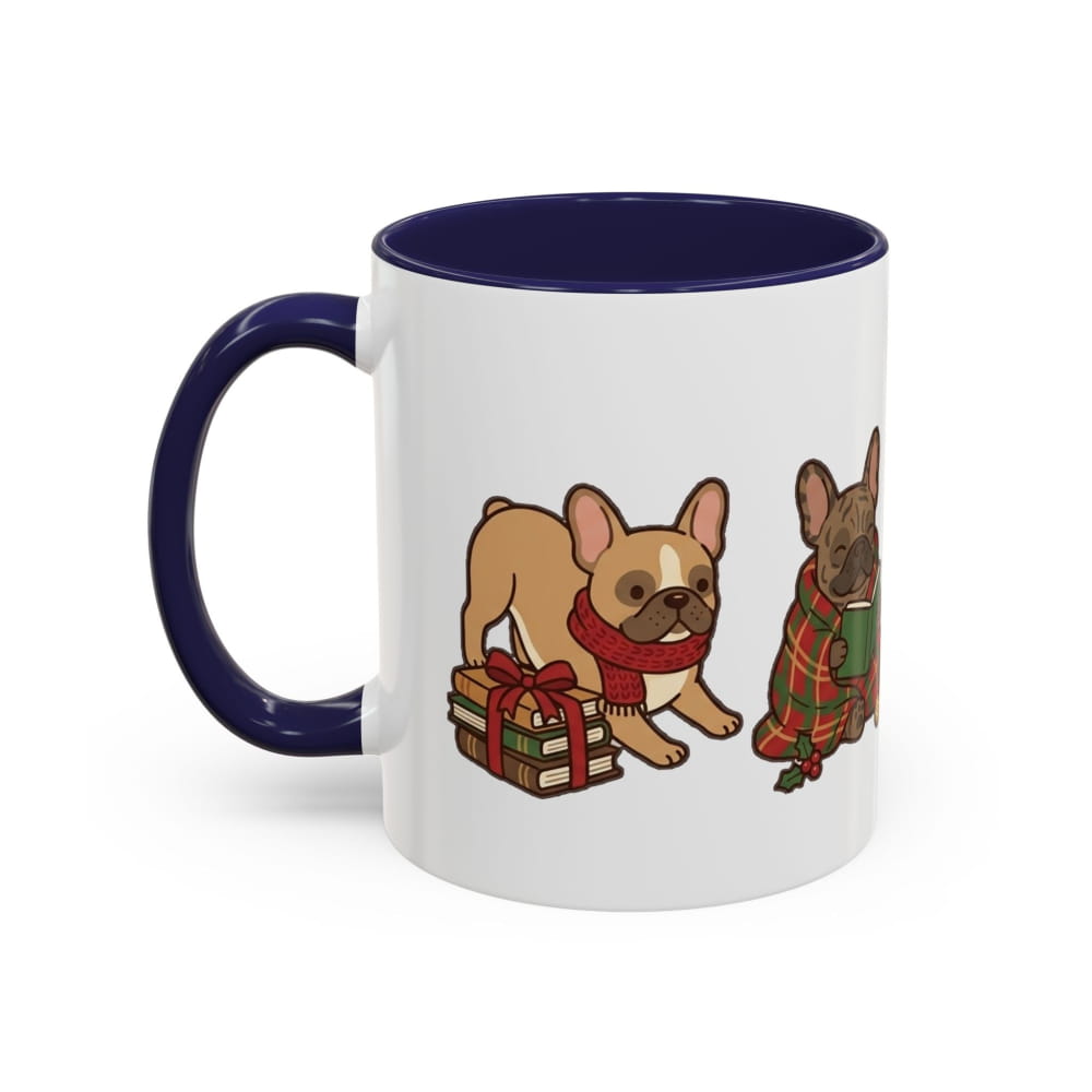 White ceramic mug with a navy interior and navy handle, showing a fawn French Bulldog in a red scarf beside wrapped gifts and a darker French Bulldog in a plaid blanket.