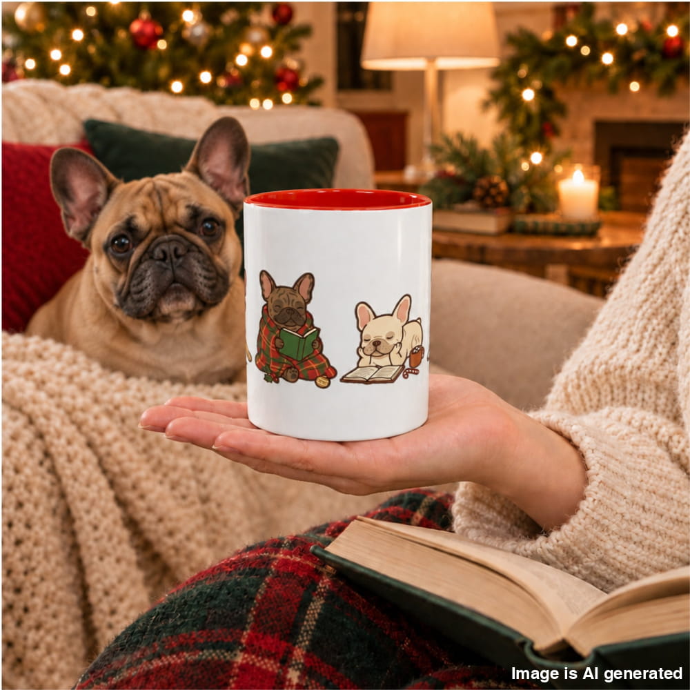 A person holds a white ceramic mug with a red interior and printed illustrations of two French bulldogs reading, while a fawn French bulldog sits on a couch in a cozy, warmly lit living room with Christmas decorations in the background.