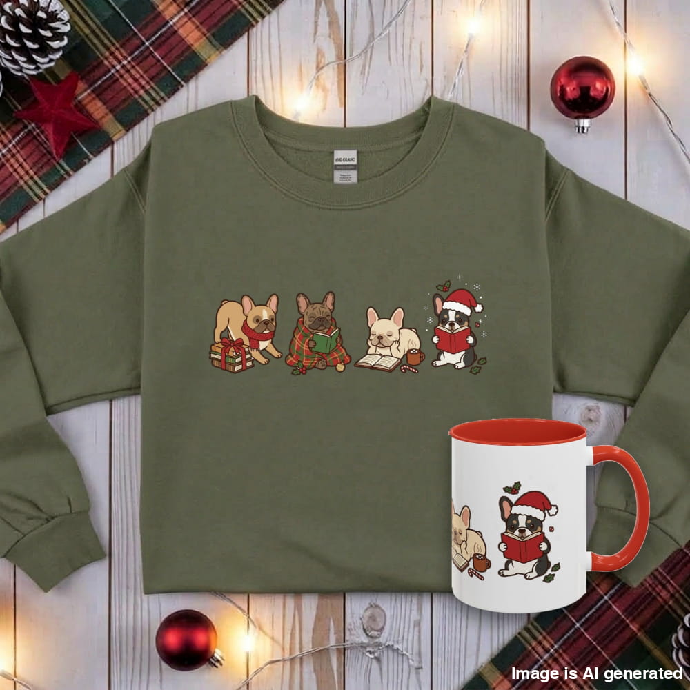 Flat lay of a military green French Bulldog Christmas Reading sweatshirt with four Frenchies reading, next to a white mug with a red interior.