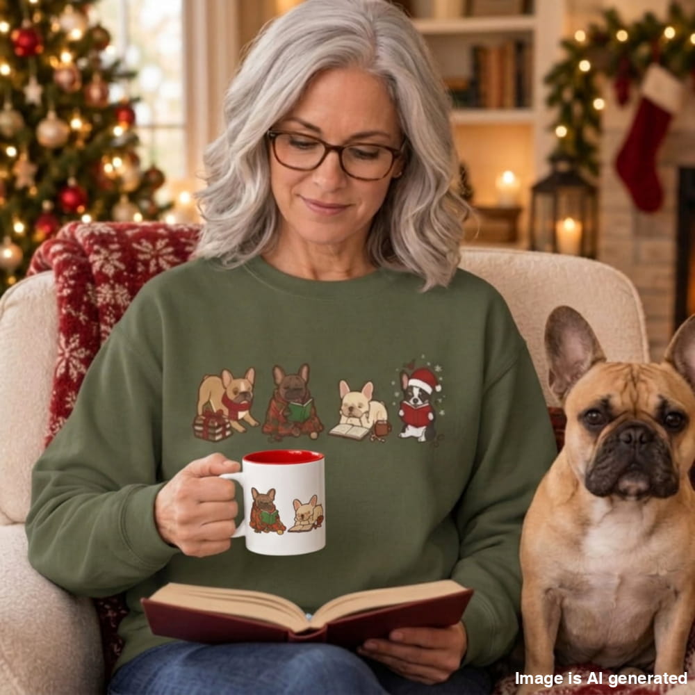 A woman with gray hair and glasses sits in a cozy living room setting, wearing an olive green sweatshirt with a graphic of French bulldogs. She is holding a white and red mug while reading a book, with a French bulldog sitting beside her.