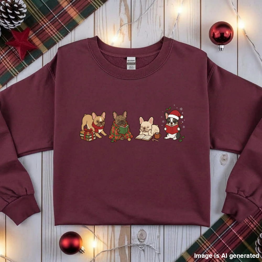 Maroon French Bulldog Christmas Reading Sweatshirt, flat lay with holiday ornaments, string lights and plaid fabric
