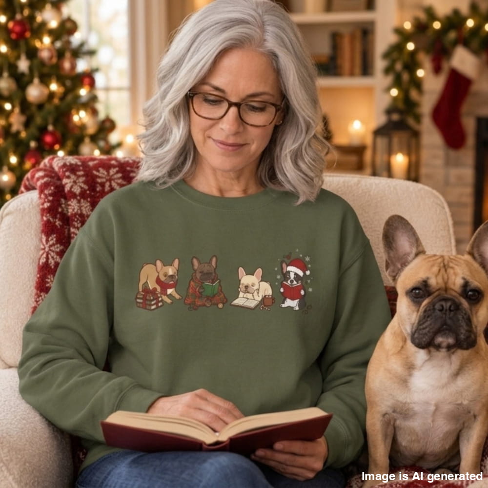 Woman in a military green French Bulldog Christmas Reading Sweatshirt reading a book in a cozy, Christmas-decorated room with her small dog beside her