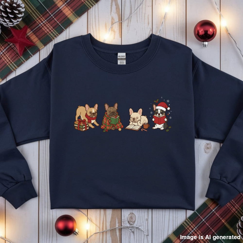 Navy French Bulldog Christmas Reading Sweatshirt, flat lay with holiday ornaments, string lights and plaid fabric