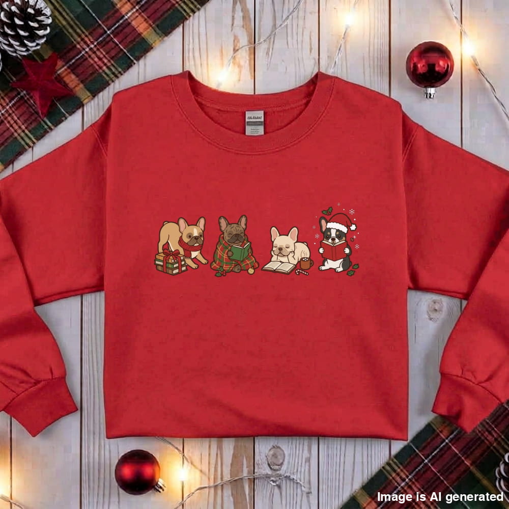 Red French Bulldog Christmas Reading Sweatshirt, flat lay with holiday ornaments, string lights and plaid fabric