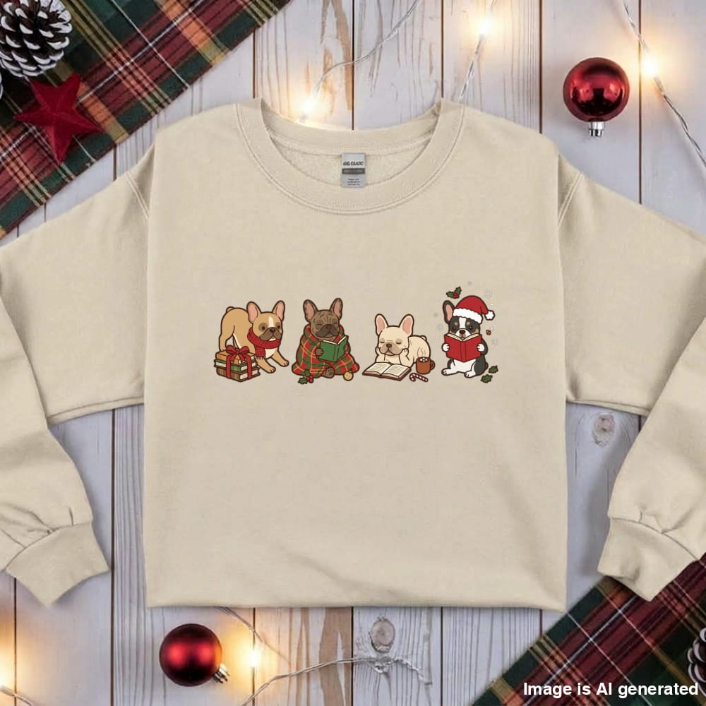 Sand French Bulldog Christmas Reading Sweatshirt, flat lay with holiday ornaments, string lights and plaid fabric