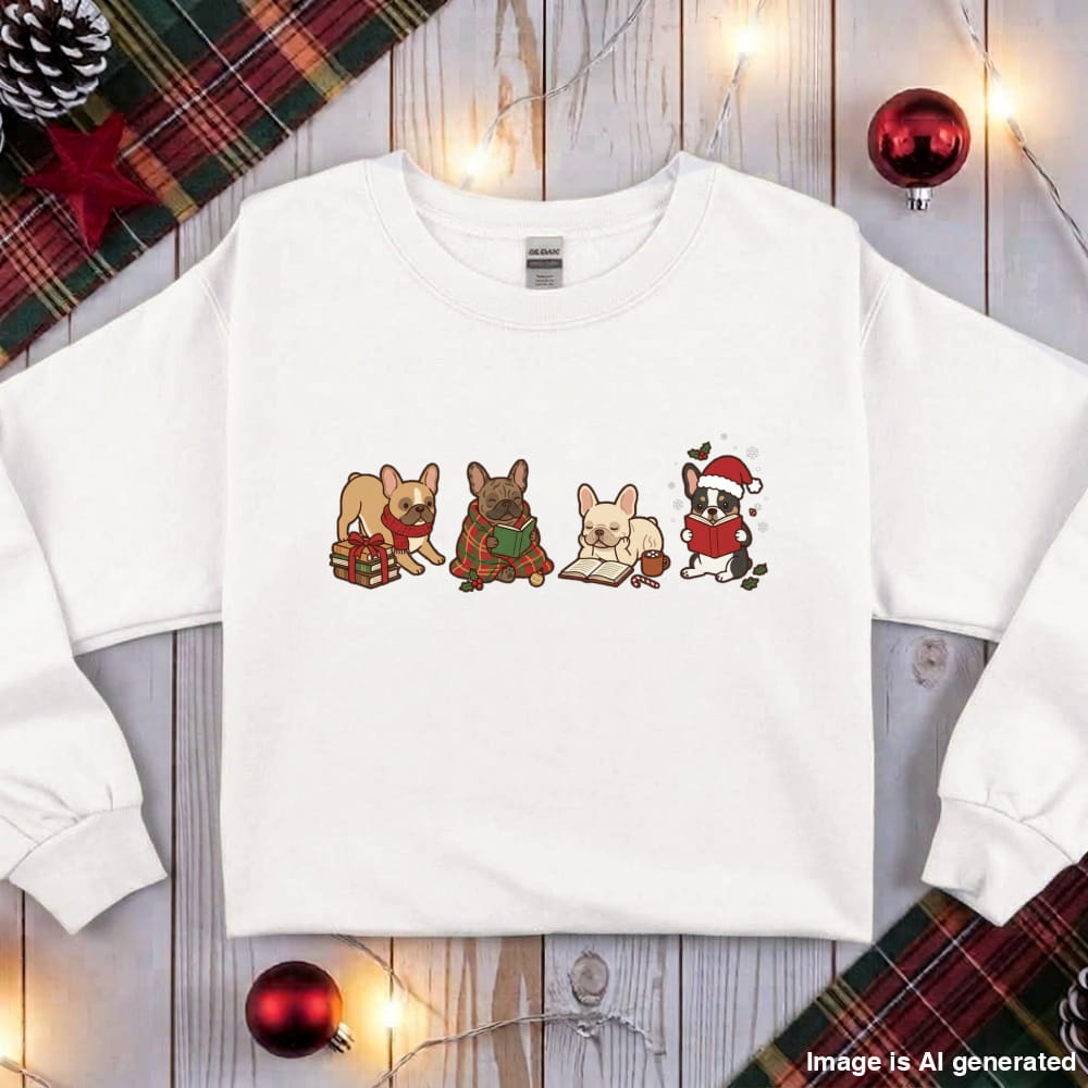 White French Bulldog Christmas Reading Sweatshirt, flat lay with holiday ornaments, string lights and plaid fabric