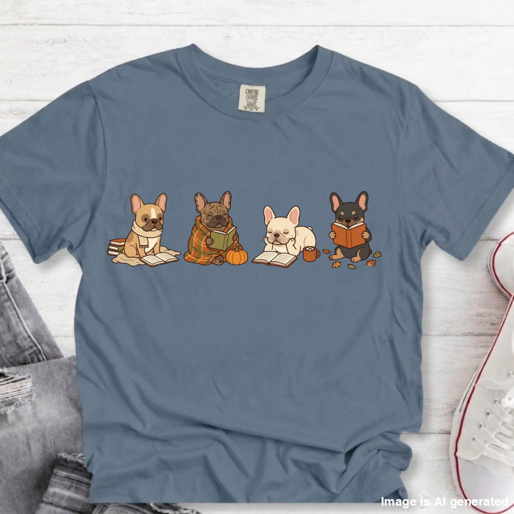 A slate blue crewneck t-shirt featuring a graphic of four cute French Bulldogs reading books, styled in a flat-lay on a white wood background with jeans and a sneaker partially visible.