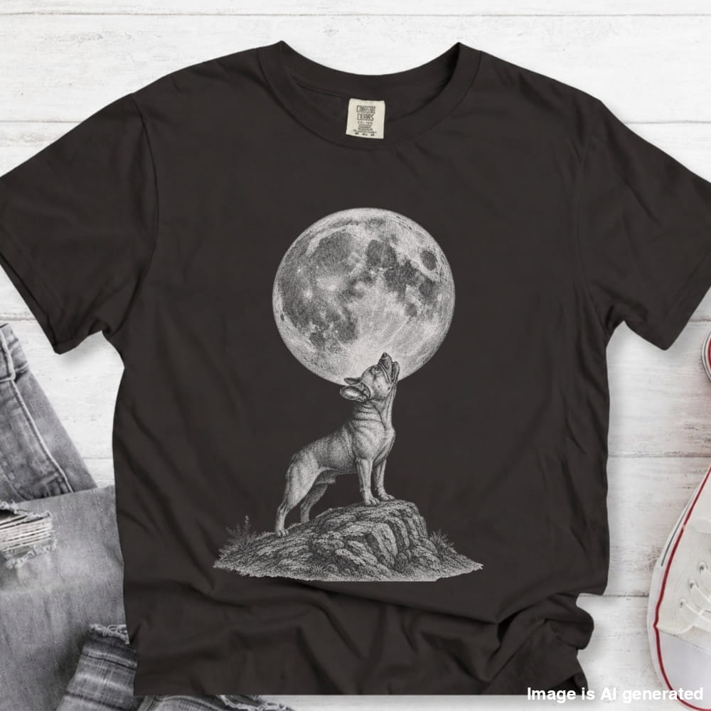 A black short-sleeve graphic T-shirt laid flat on a white wood background, featuring a monochrome illustration of a dog howling at a large full moon. Jeans and part of a shoe are visible as styling props around the shirt.