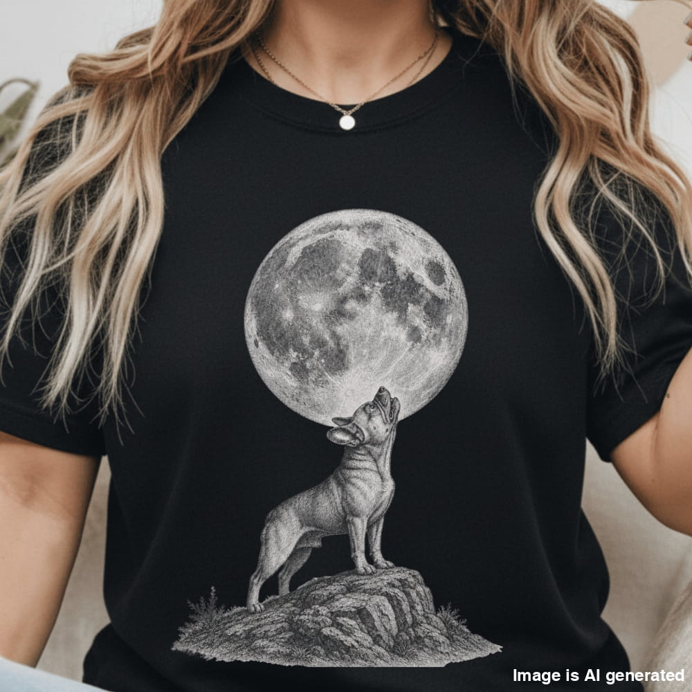 A woman wearing a black short-sleeve t-shirt with a detailed black and white graphic of a howling wolf beneath a large full moon.