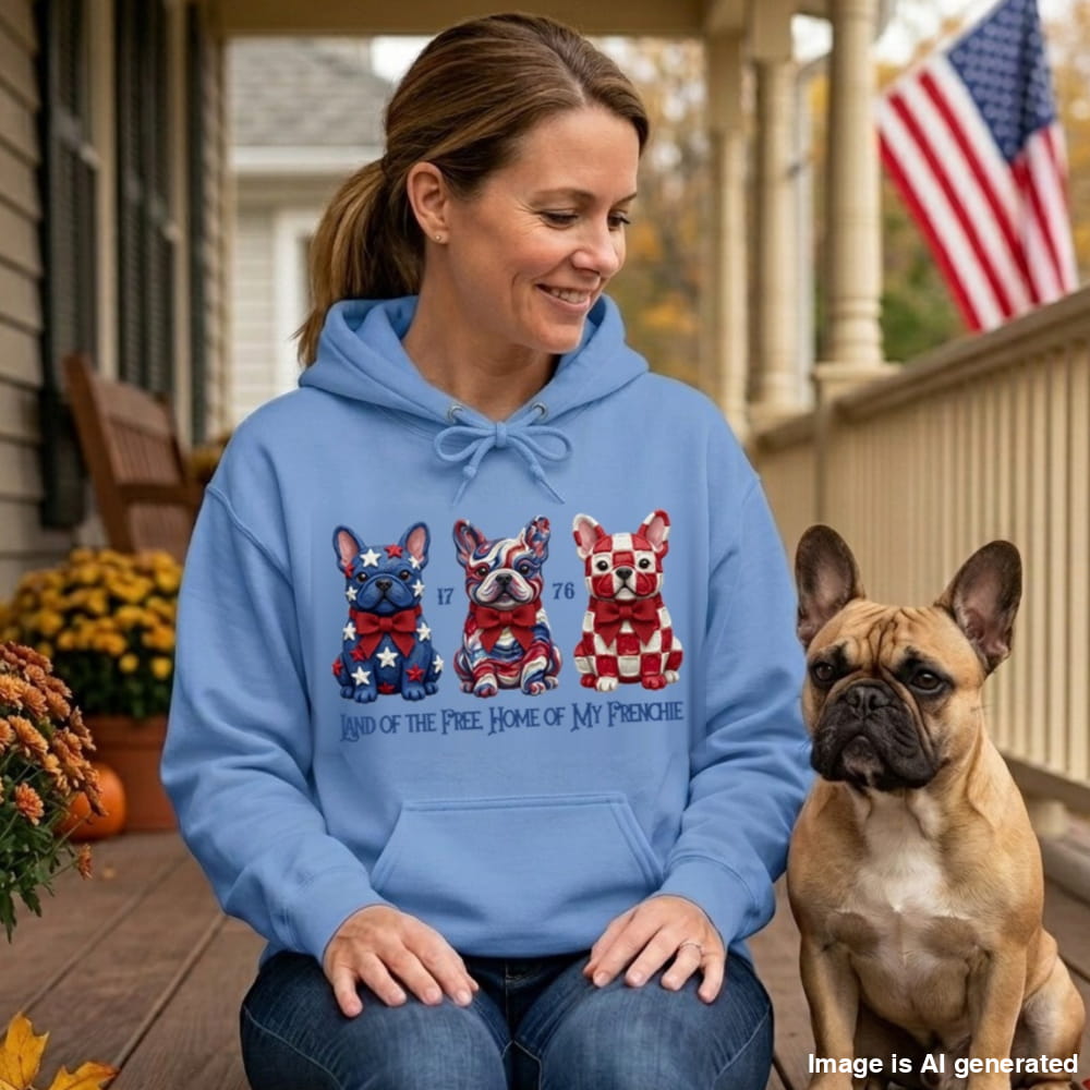Woman in a Carolina Blue Land of the Free hoodie with three patriotic French Bulldogs, sitting on a porch next to her French Bulldog