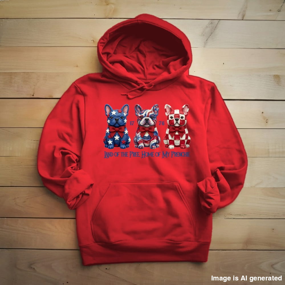 French Bulldog Land of the Free hoodie in Red, front view with three patriotic French Bulldogs