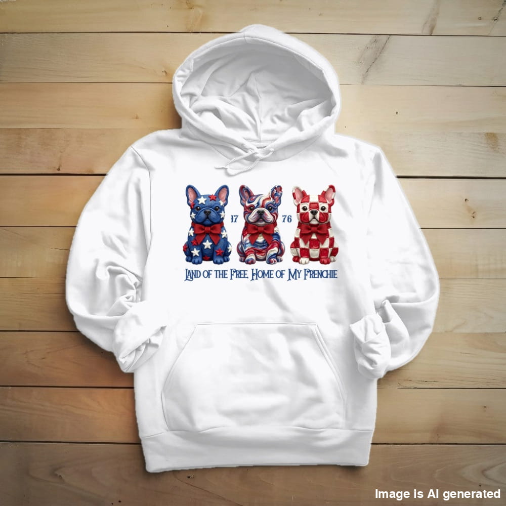 French Bulldog Land of the Free hoodie in White, front view with three patriotic French Bulldogs