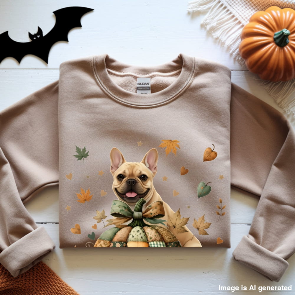 Frenchie Fall Halloween Patchwork Premium Unisex Sweatshirt - S / Sand - SWEATSHIRTS