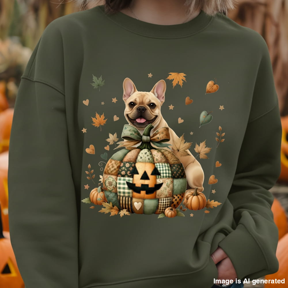 Green sweatshirt with a dog and Halloween-themed design, worn by a person.