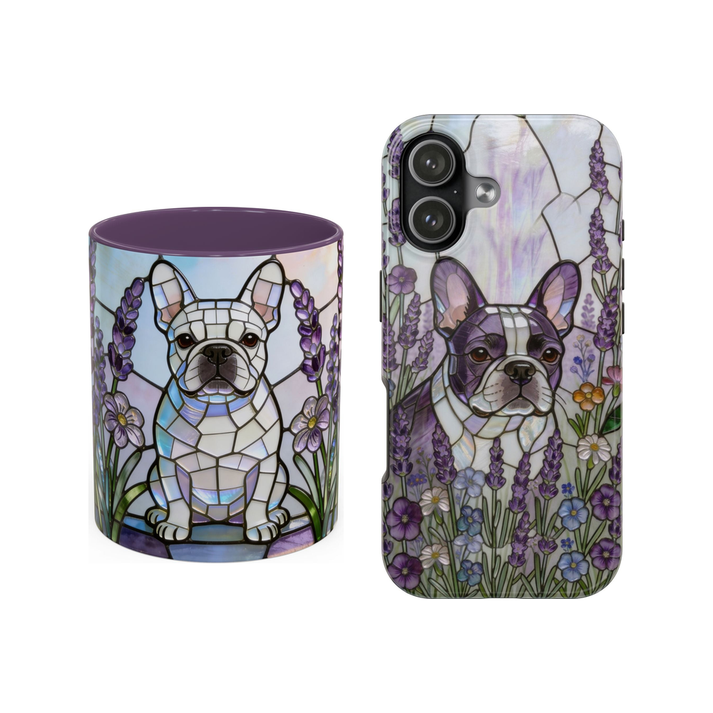 Frenchie Lavender Floral stained glass style mug and phone case set on a white background.