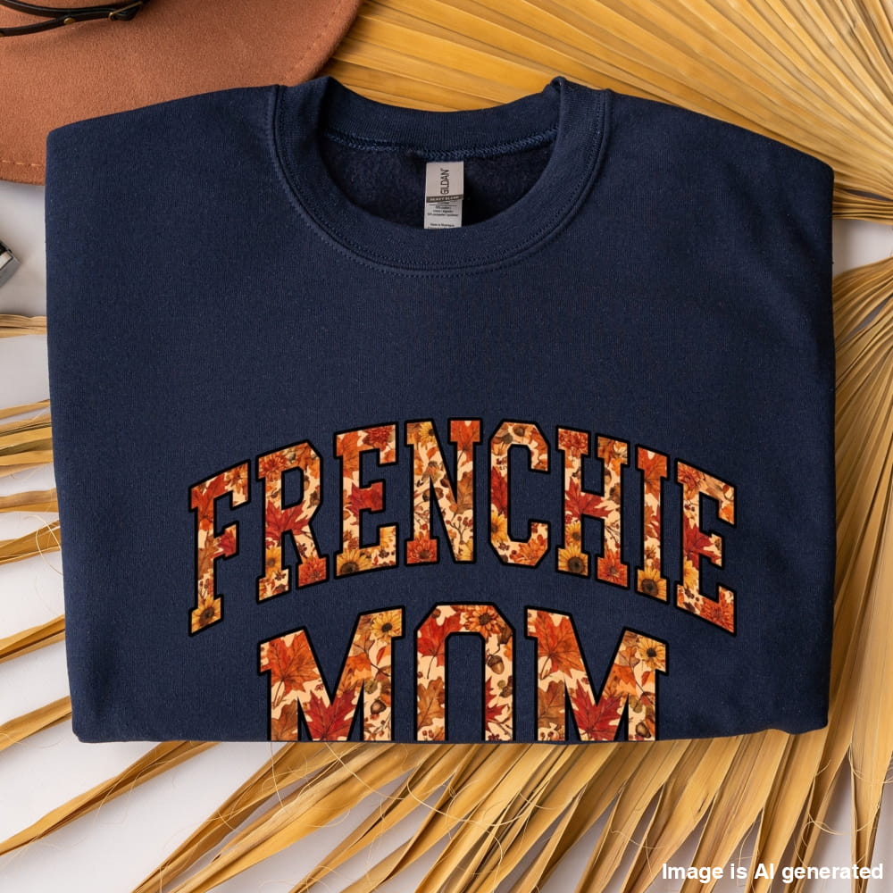 A navy blue folded crewneck sweatshirt with 'FRENCHIE MOM' printed in an arched collegiate font. The letters are filled with a warm autumn maple leaf pattern in shades of orange, red, and brown.