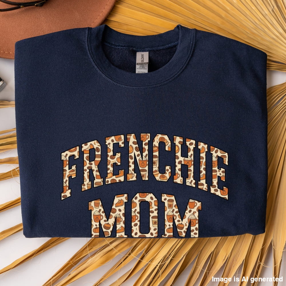 A navy blue folded crewneck sweatshirt with 'FRENCHIE MOM' printed in an arched collegiate font. The letters feature a brown and beige leopard print pattern.