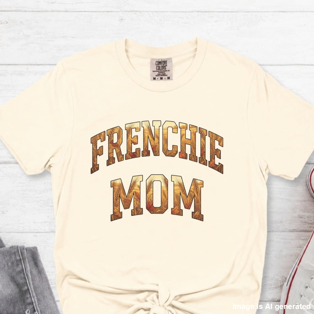A cream-colored t-shirt with 'FRENCHIE MOM' printed in a brown and gold textured collegiate font, styled flat on a white wood background.