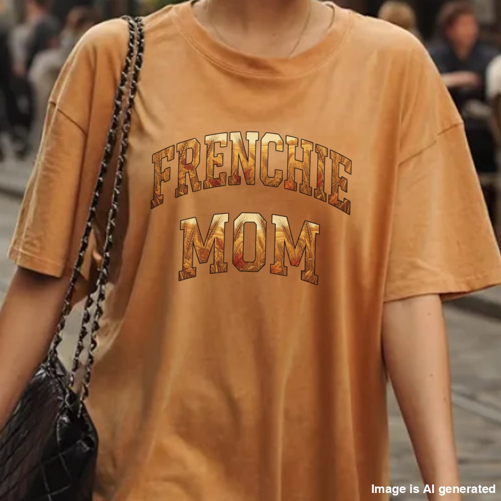 A person wearing an oversized tan graphic T-shirt with the words “FRENCHIE MOM” in a distressed patterned font across the chest. A black quilted shoulder bag with a chain strap is also visible, and the background is a softly blurred outdoor street scene.