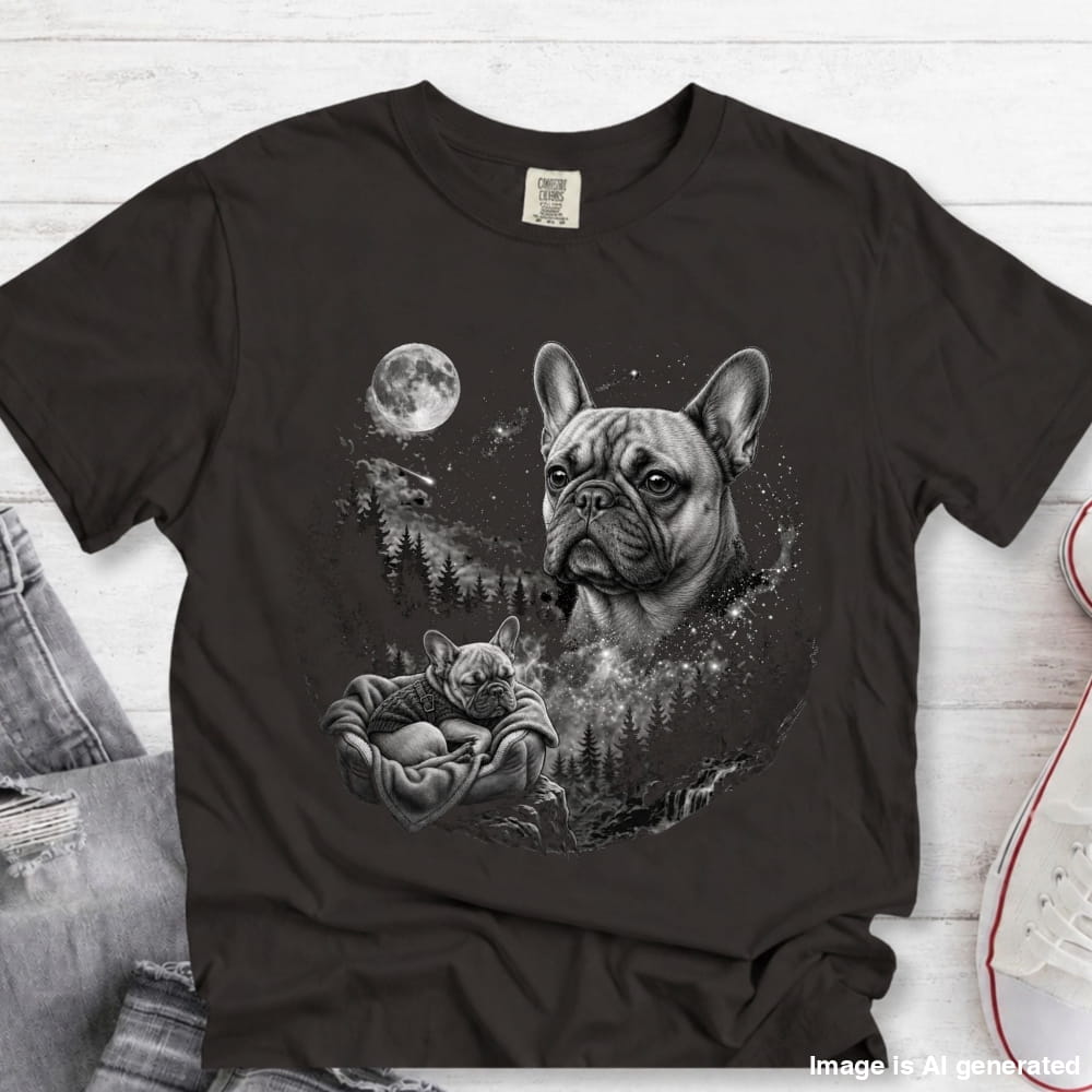 A black short-sleeve graphic T-shirt laid flat on a whitewashed wood surface, featuring a monochrome illustration of a French bulldog and a smaller dog in a forest under a full moon. Jeans and a sneaker are partially visible around the shirt as styling props.