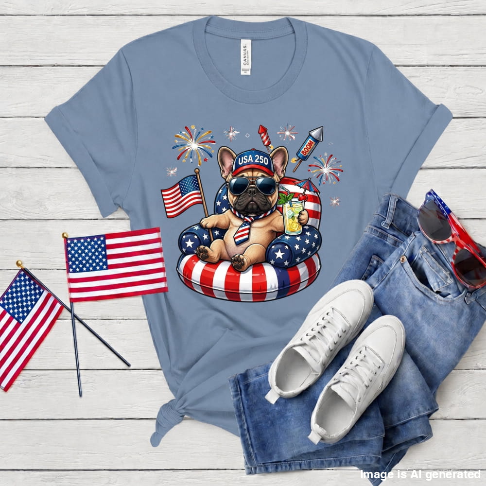 Blue t-shirt with a dog graphic, American flags, and sunglasses on a wooden surface.