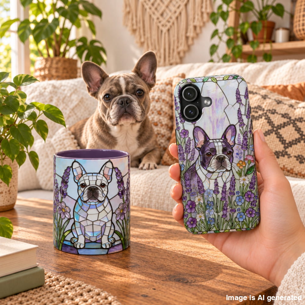 Frenchie Stained Glass Style Lavender Floral Set, Mug & Phone Case - iPhone 18 Pro Max - Bundles