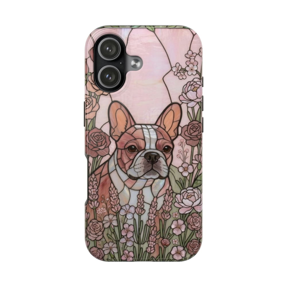 Phone case with a dog and floral design on a white background