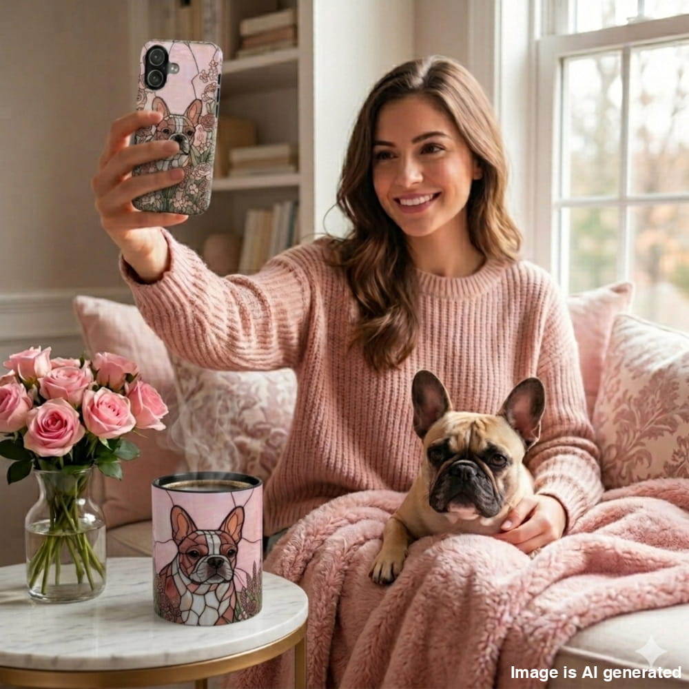 A woman takes a selfie while sitting on a pink couch with a French bulldog, wearing a pink knit sweater and holding a pink phone case. A matching pink mug with a dog illustration sits on a marble side table next to a vase of pink roses.