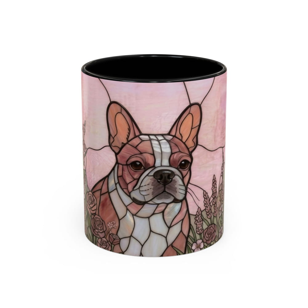 Mug with a stylized dog design on a pink background