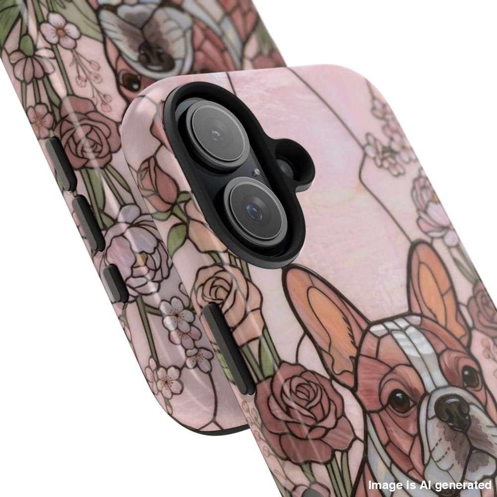Frenchie Stained Glass Style Tough Case, Rose Garden Theme - iPhone 16 - Phone Case