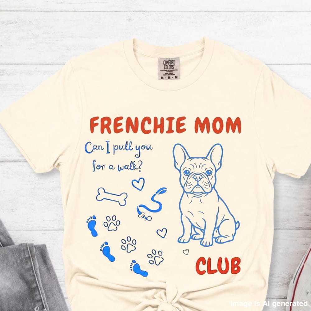 Beige t-shirt with Frenchie Mom graphic design on a light wooden surface