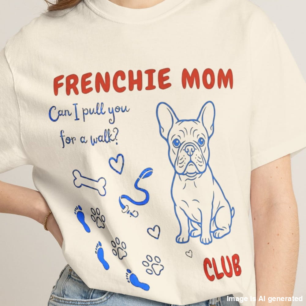 T-shirt with 'FRENCHIE MOM' text and dog illustration on a plain background