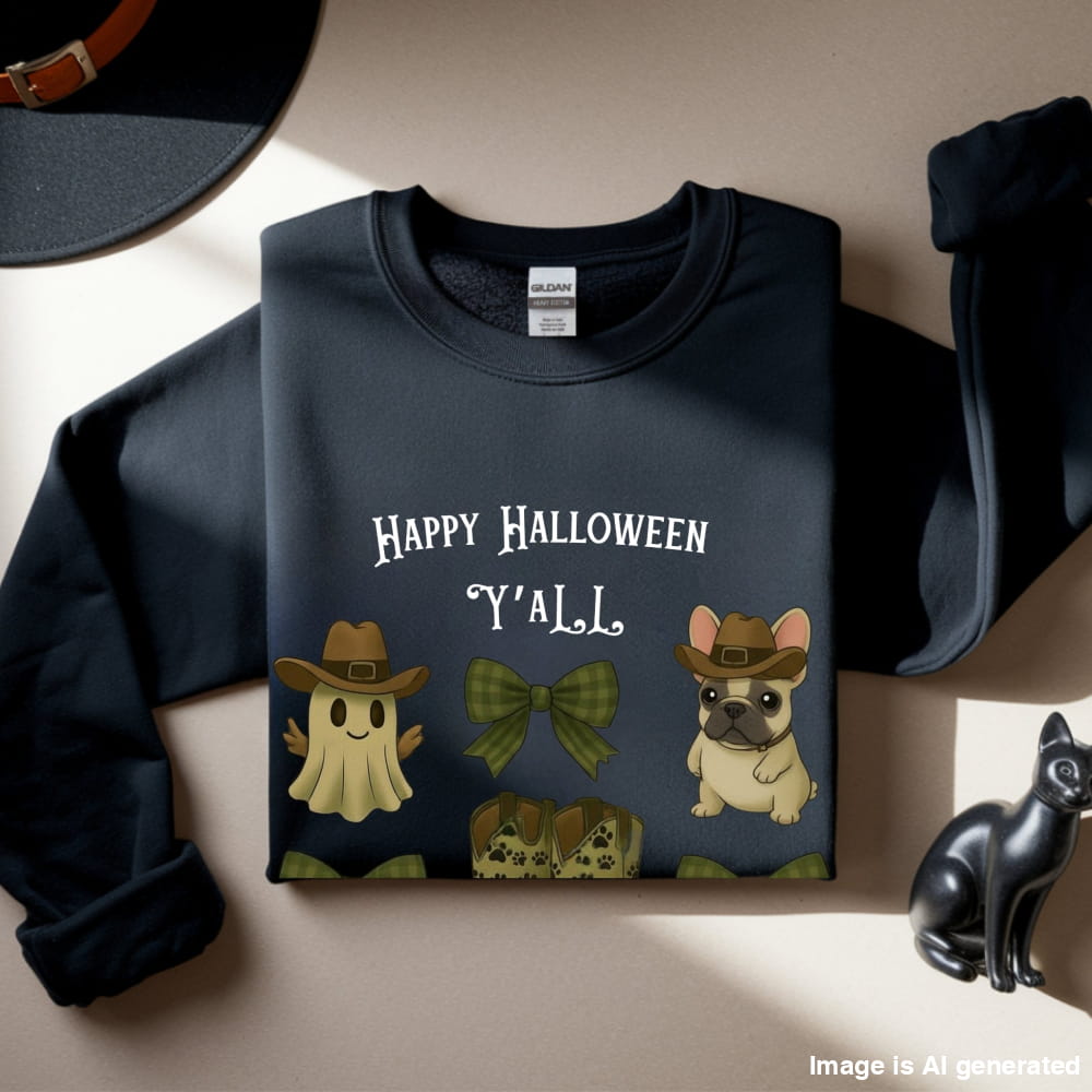 Frenchie’s Happy Halloween Y’all – Western Ghost & Cowboy Boots Unisex Premium Sweatshirt - S / Black - SWEATSHIRTS