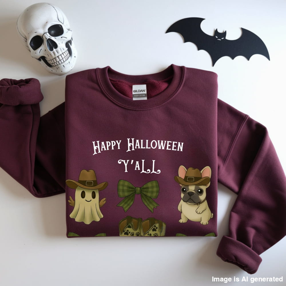 Frenchie’s Happy Halloween Y’all – Western Ghost & Cowboy Boots Unisex Premium Sweatshirt - S / Maroon - SWEATSHIRTS
