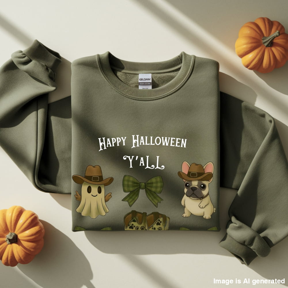 Frenchie’s Happy Halloween Y’all – Western Ghost & Cowboy Boots Unisex Premium Sweatshirt - S / Military Green
