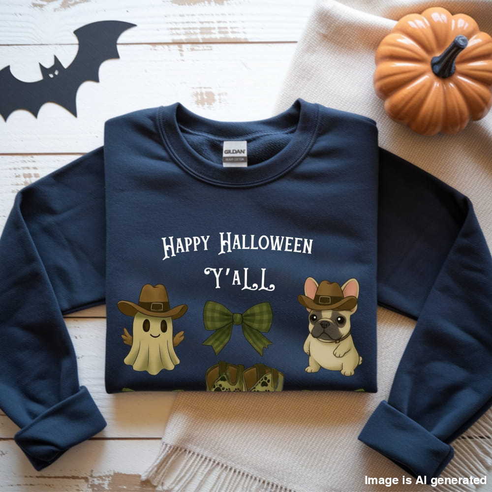 Frenchie’s Happy Halloween Y’all – Western Ghost & Cowboy Boots Unisex Premium Sweatshirt - S / Navy - SWEATSHIRTS
