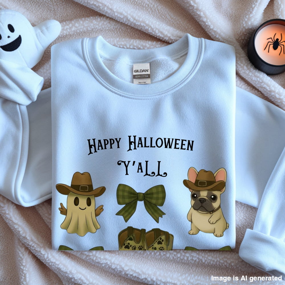 Frenchie’s Happy Halloween Y’all – Western Ghost & Cowboy Boots Unisex Premium Sweatshirt - S / White - SWEATSHIRTS