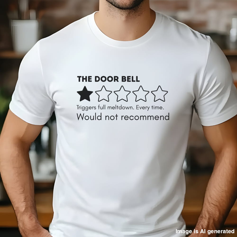 White t-shirt with “The Door Bell” text, 1-star review graphic, and “Would not recommend” meltdown humor design