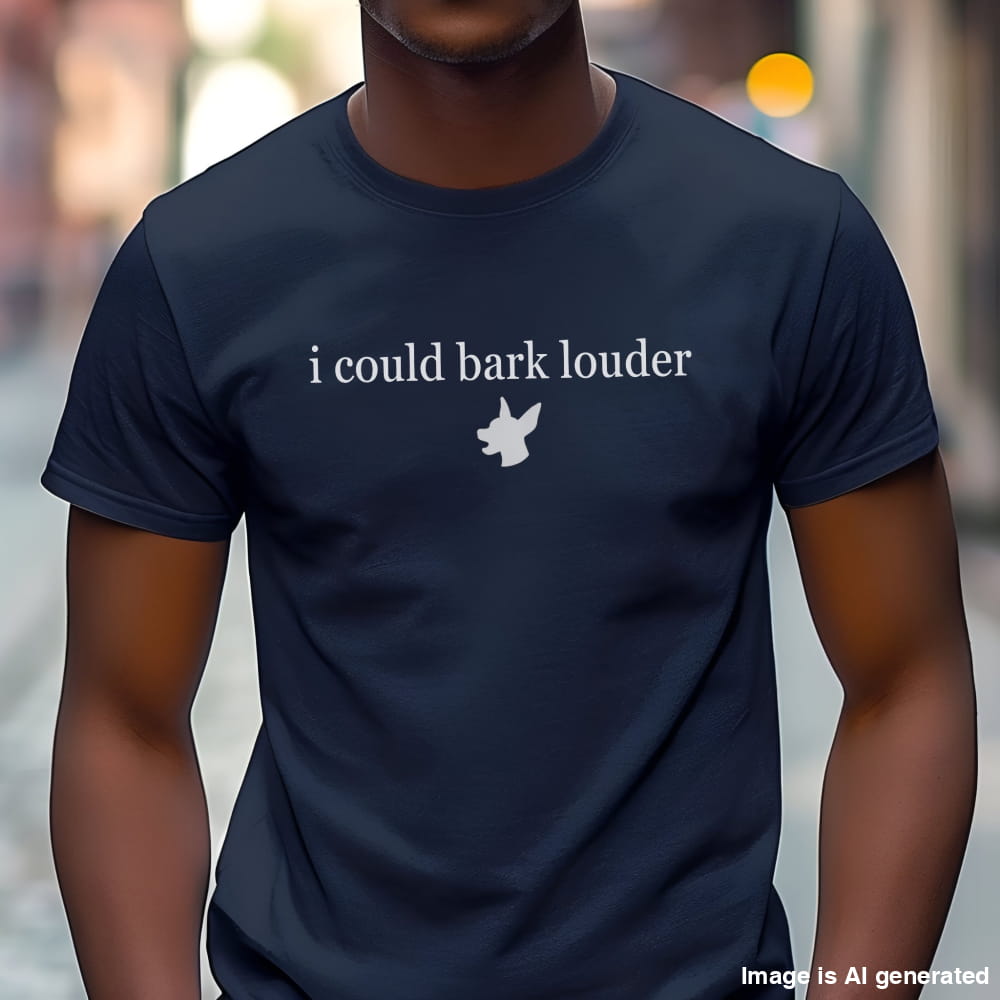Man wearing a navy blue "i could bark louder" Miniature Pinscher unisex 
t-shirt