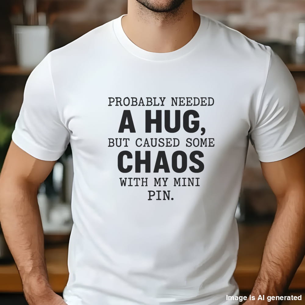 White unisex t-shirt with white text: "Probably needed a hug, but caused some chaos with my Mini Pin." centered on the chest