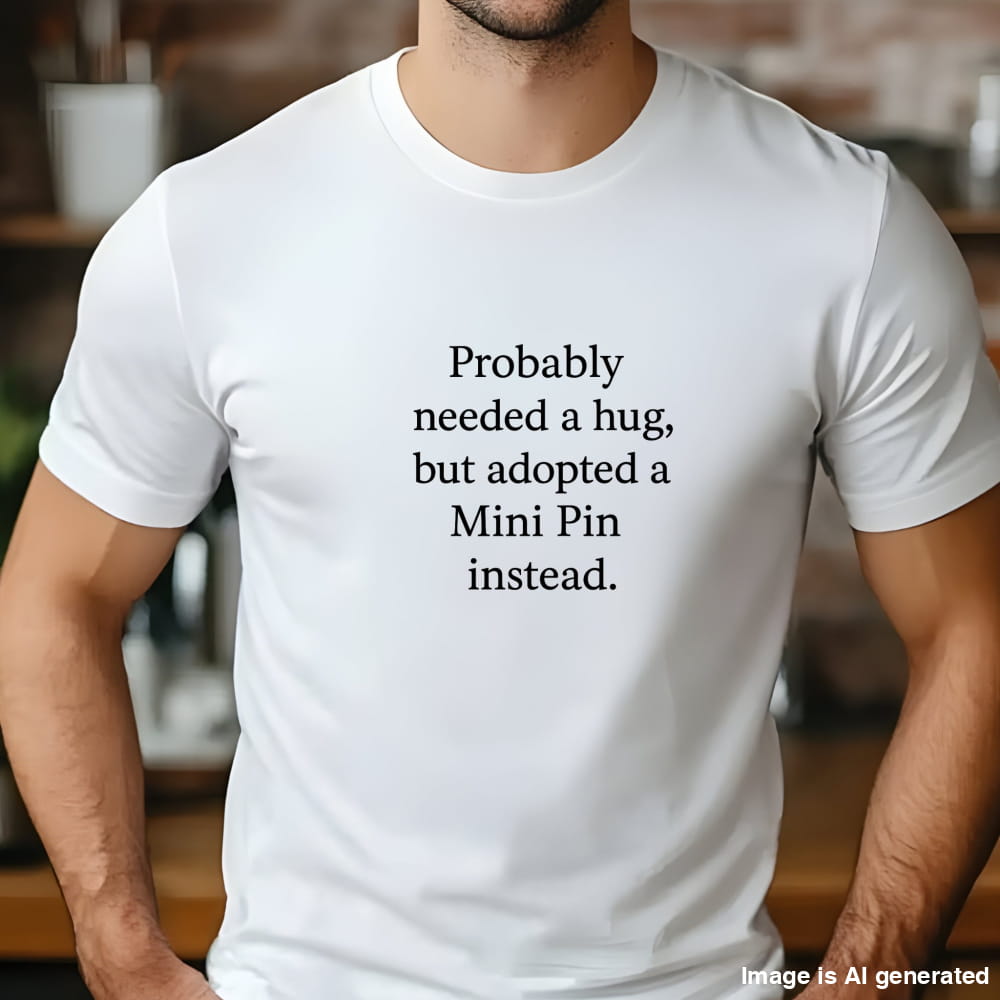 White unisex t-shirt with white text: "Probably needed a hug, but adopted a Mini Pin instead." displayed on plain background 