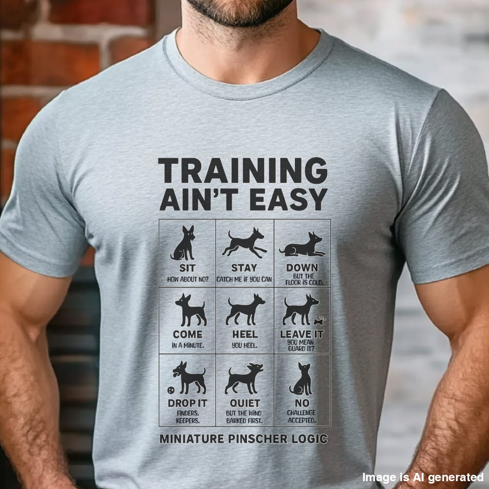 Grey "Training Ain’t Easy" Miniature Pinscher unisex t-shirt with funny dog command graphics