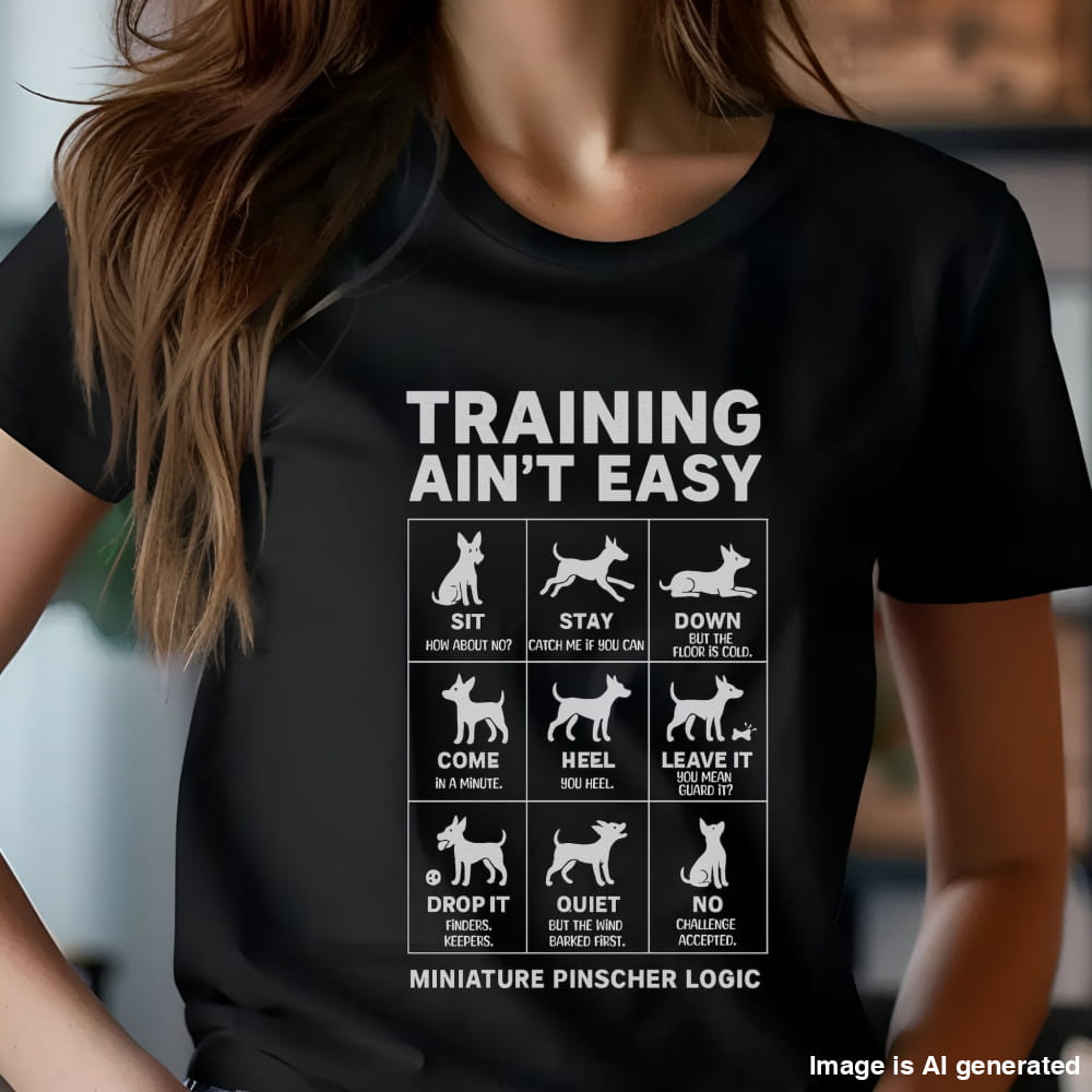 Black "Training Ain’t Easy" Miniature Pinscher unisex t-shirt with funny dog command graphics